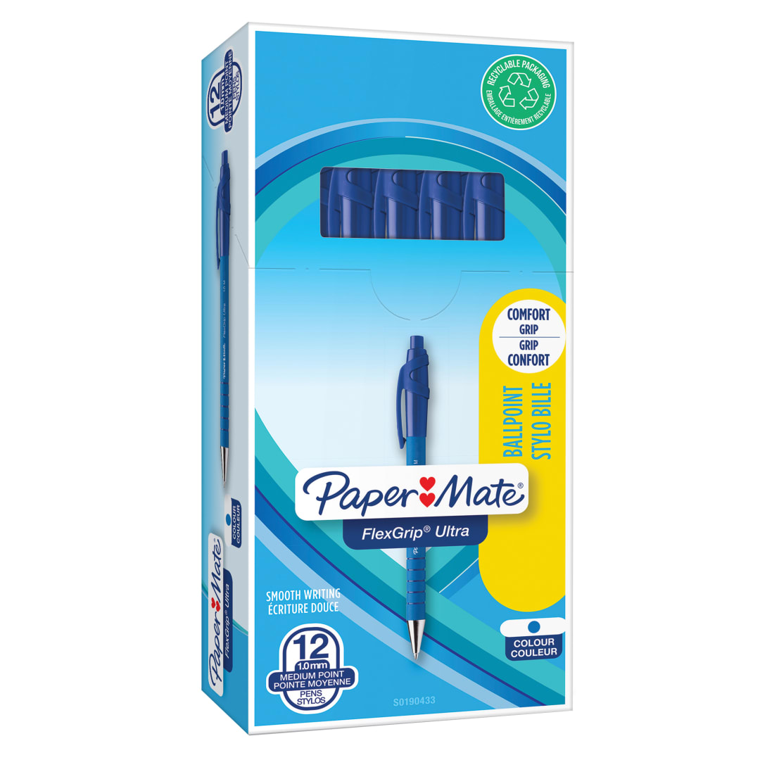 Paper Mate Flexgrip Ultra bolígrafo retráctil | punta mediana (1,0 mm) | azul | Material escolar | caja de 12