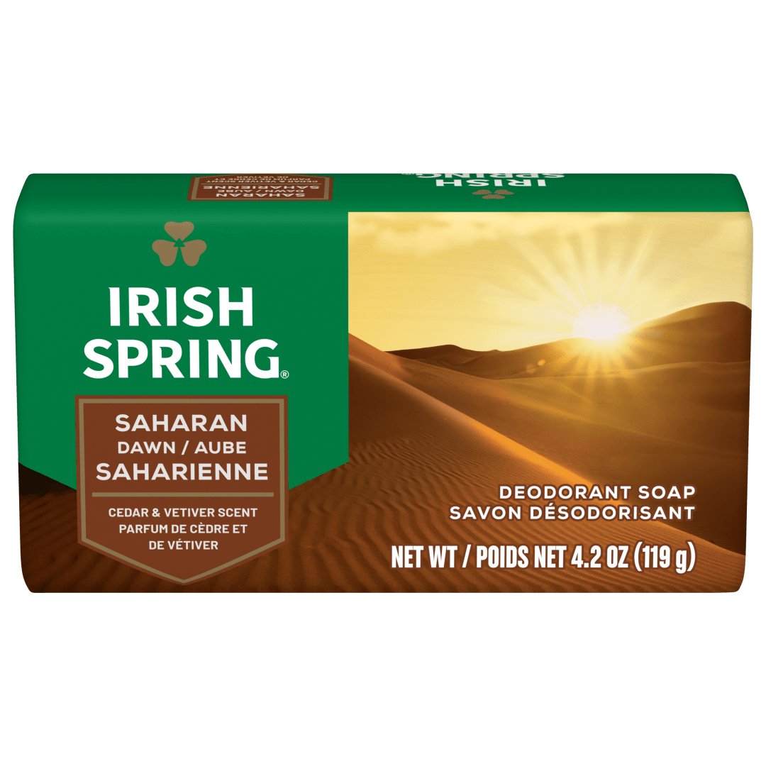 Irish Spring Saharan Dawn Deodorant Bar Soap for Men, Odor Protection, Deep Clean, Cedar and Vetiver Scent, 4.2 oz Exfoliating Soap Bar (6 Pack)