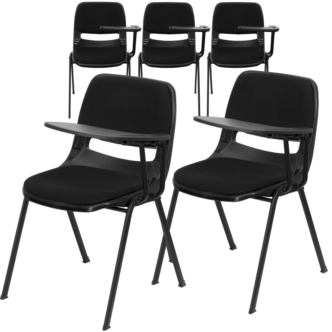 HERCULES 5 Pack Black Padded Ergonomic Shell Chair with Left Handed Flip-Up Tablet Arm