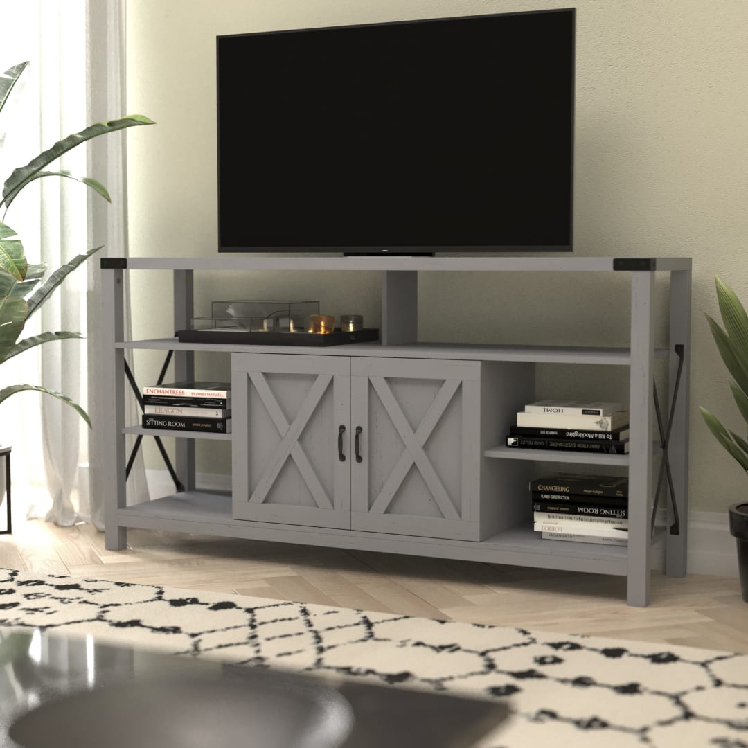 Wyatt 60" Modern Farmhouse Tall TV Console Cabinet with Storage Cabinets and Shelves for TV's up to 60", Coastal Gray
