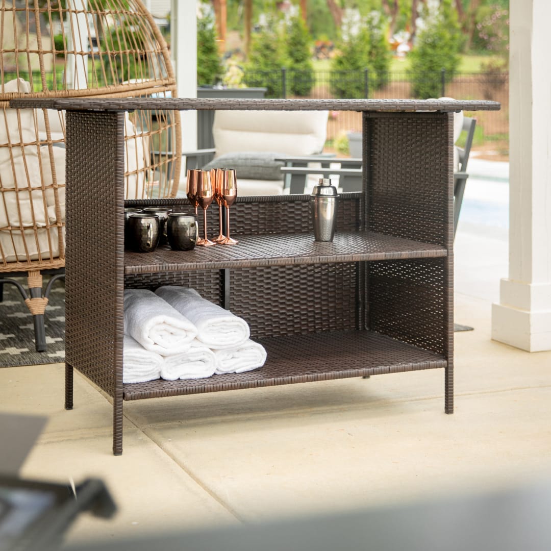 Marco Indoor/Outdoor Patio Wicker Rattan Bar Counter Table with 2 Shelves, Brown