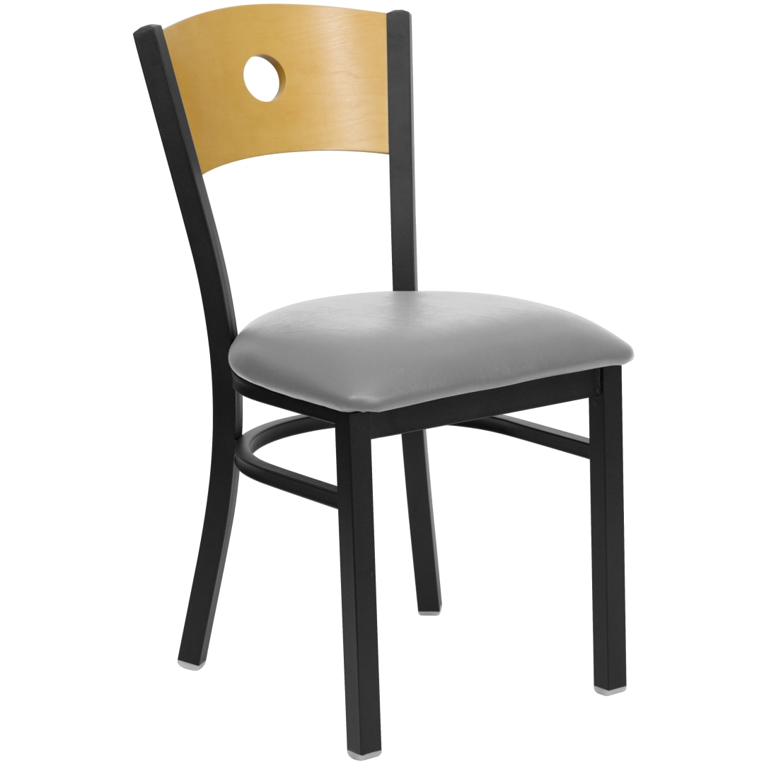 HERCULES Series Black Circle Back Metal Restaurant Chair - Natural Wood Back, Custom Upholstered Seat