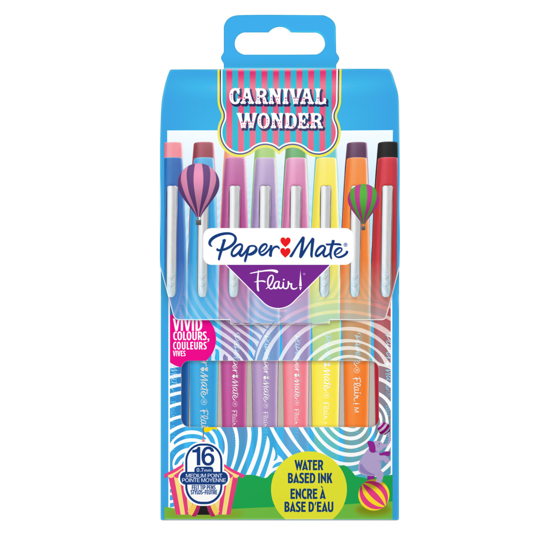 Paper Mate® Flair Felt Tip Pens | Medium Point (0.7mm) | Assorted Carnival Colours | 16 Count