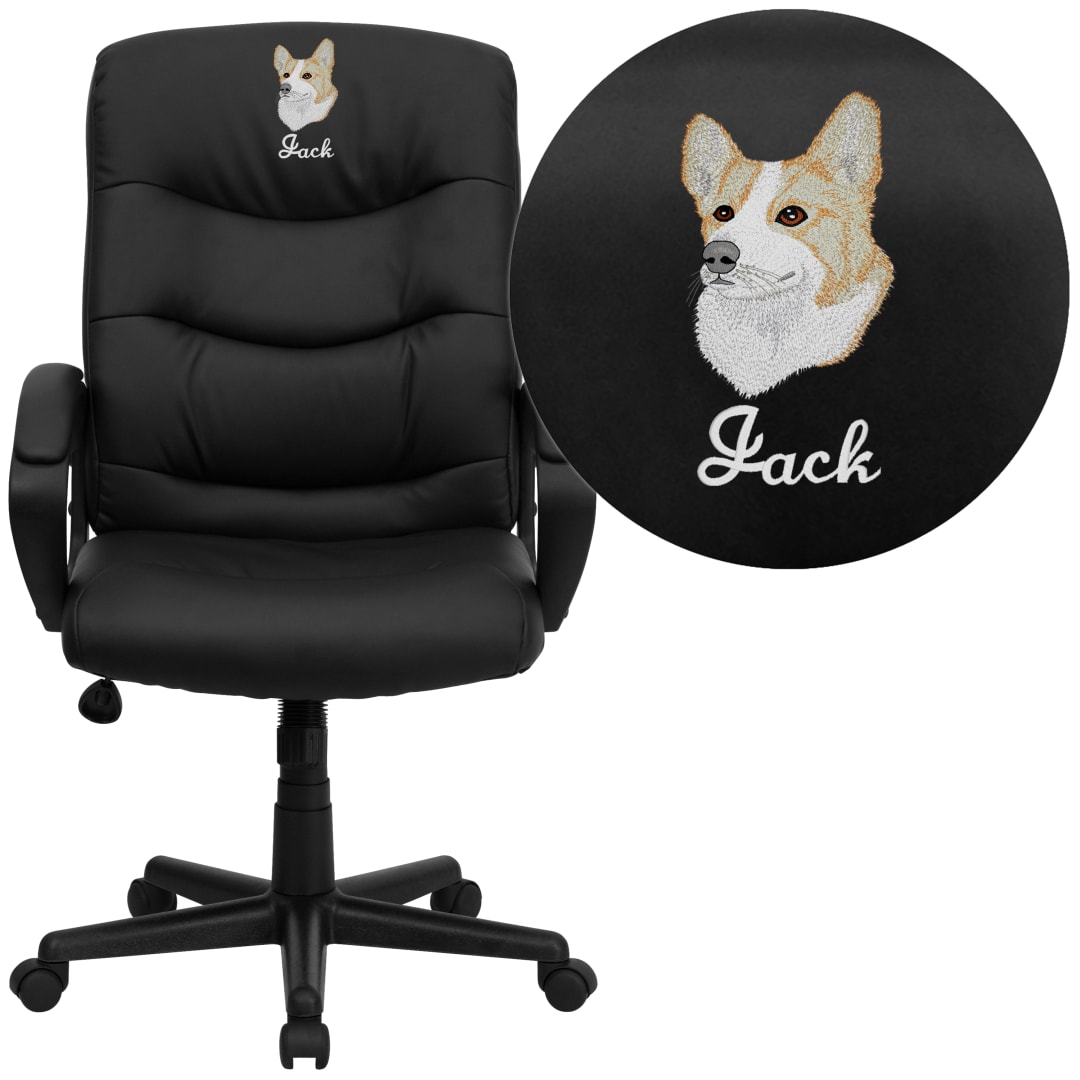 Chelsea Embroidered Mid-Back Black LeatherSoft Executive Swivel Office Chair with Three Line Horizontal Stitch Back &amp; Arms