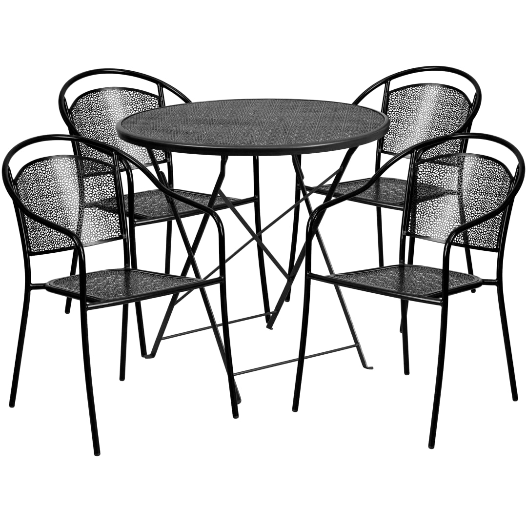 Oia Commercial Grade 30" Round Black Indoor-Outdoor Steel Folding Patio Table Set with 4 Round Back Chairs