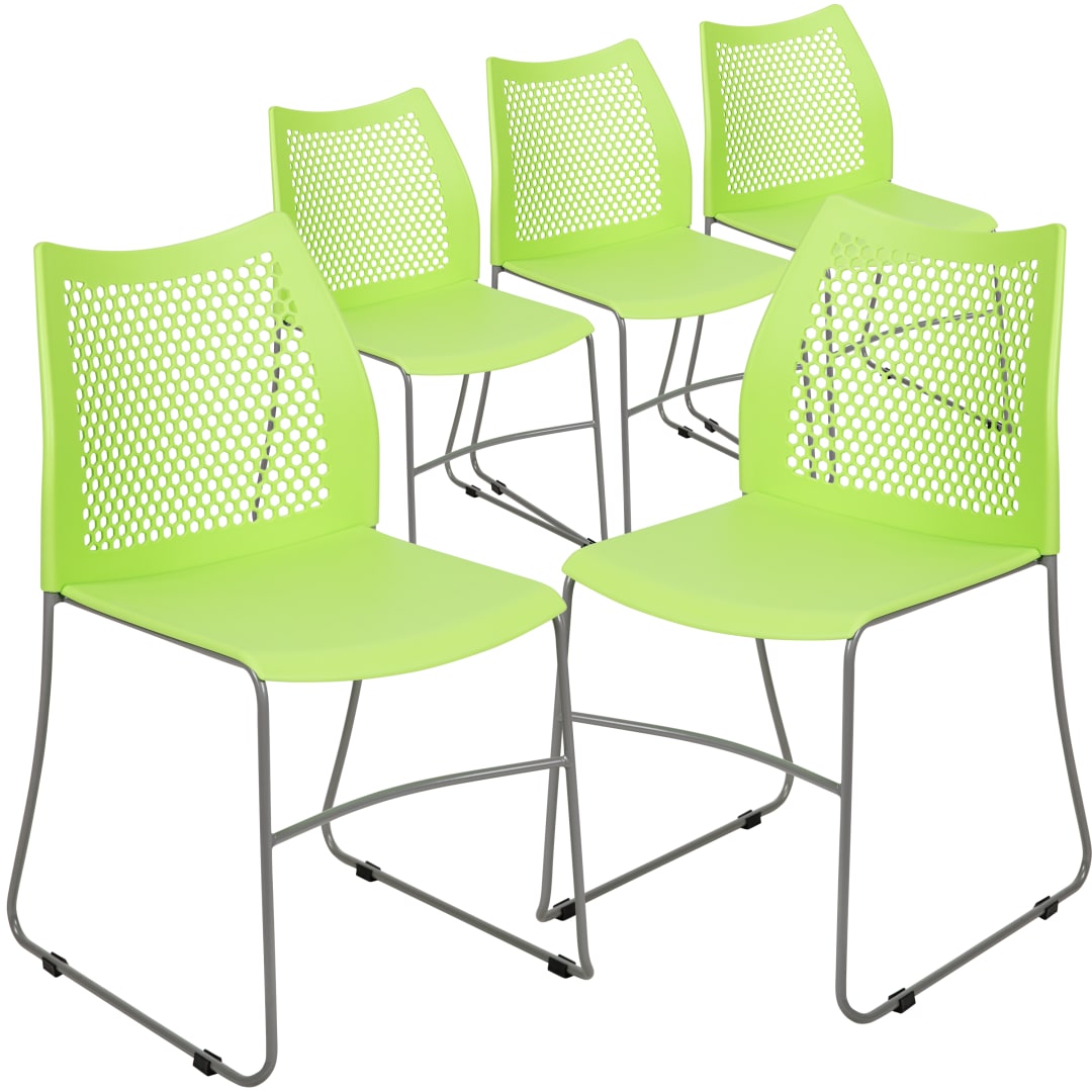 HERCULES Series 5 Pack 661 lb. Capacity Green Stack Chair with Air-Vent Back and Gray Powder Coated Sled Base