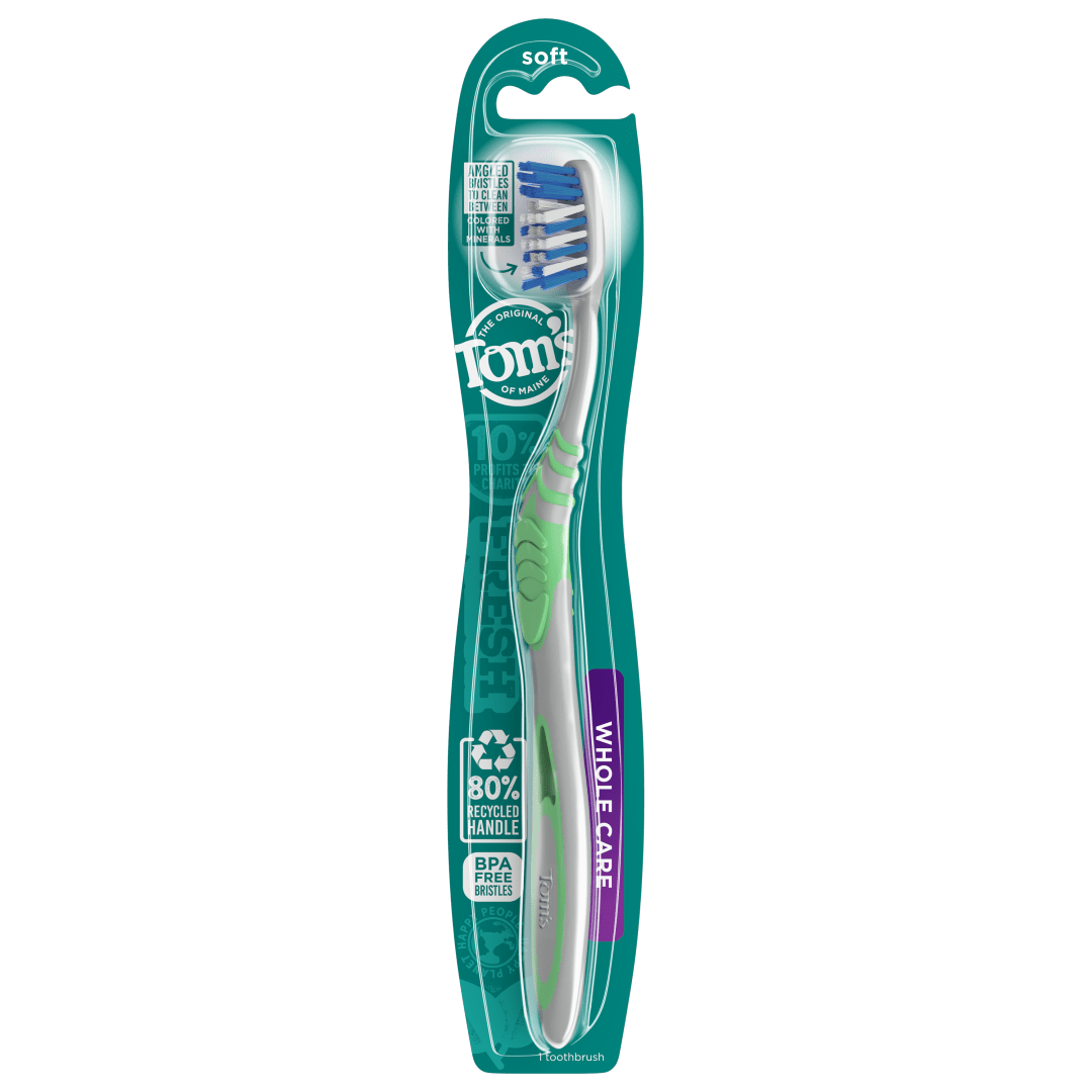 Tom's of Maine Whole Care Natural Toothbrush with 80% Recycled Plastic Handle & Soft Bristles
