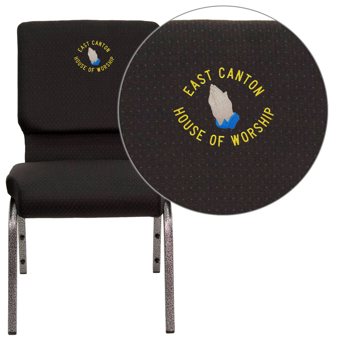 Embroidered HERCULES Series 18.5''W Stacking Church Chair in Black Patterned Fabric - Silver Vein Frame
