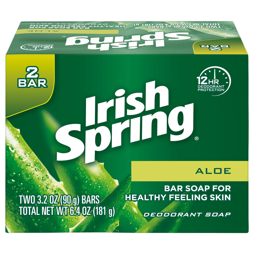 Irish Spring Aloe Vera Bar Soap, Body and Hand Soap Bar Washes Away Bacteria, 3.2 Ounce, 2 Bars