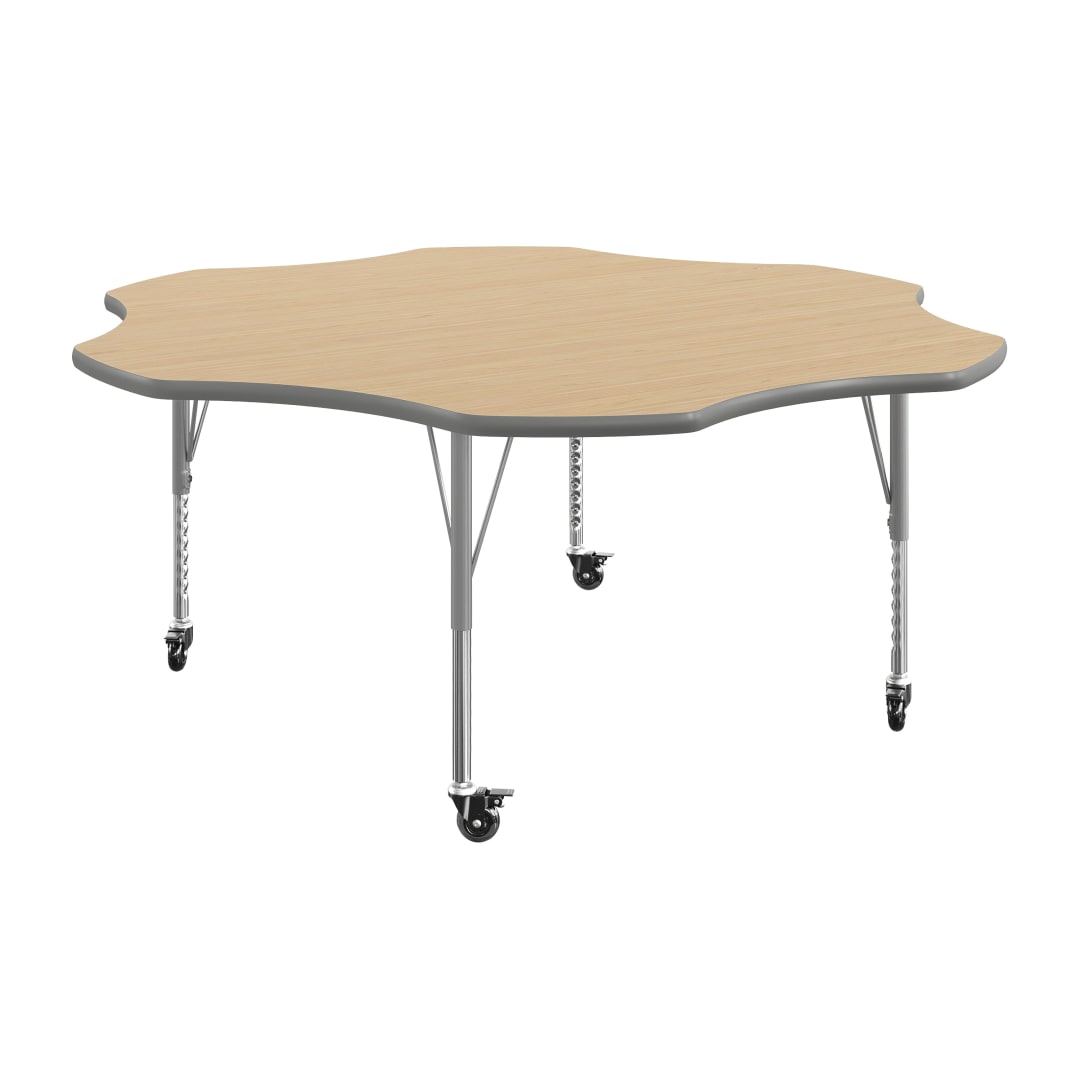 Wren 60" Flower Adjustable Height Activity Table, Thermal Laminate Top, Short Legs with Locking Casters, Light Natural