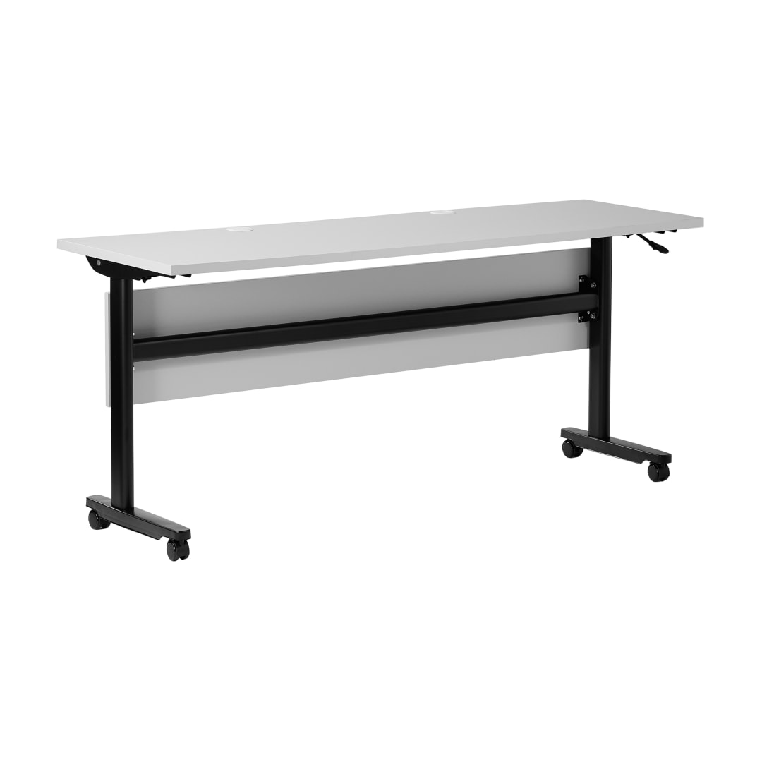 Palmer Commercial Grade 60" x 24" Heavy-Duty Nesting Flip Training Table with T-Legs, Modesty Panel, 1" Thick Gray Tabletop, and Black Steel Frame