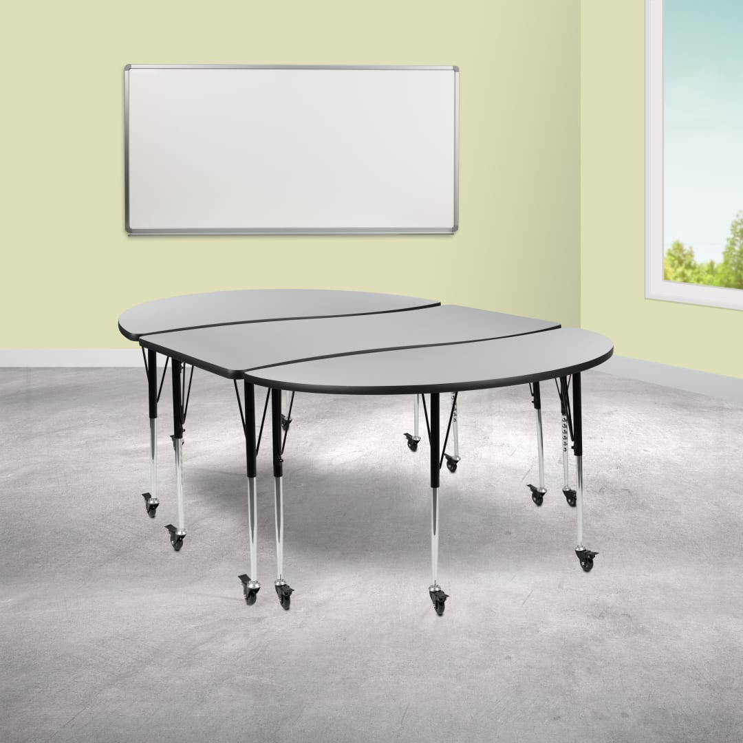 Emmy 3 Piece Mobile 86" Oval Wave Flexible Grey Thermal Laminate Activity Table Set-Standard Height Adjustable Legs