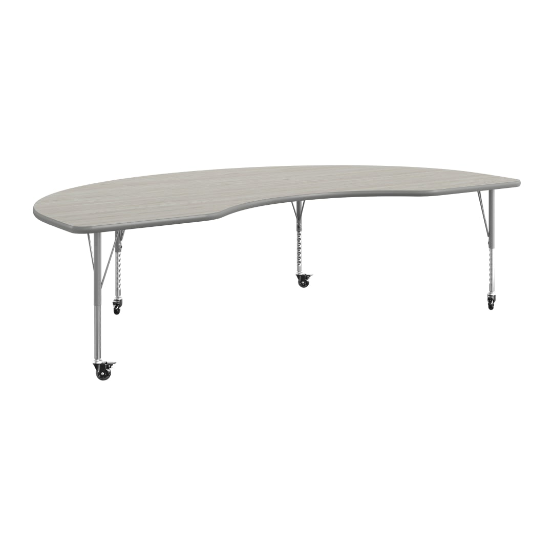 Wren 96" x 48" Kidney Adjustable Height Activity Table, Thermal Laminate Top, Short Legs with Locking Casters, Light Gray