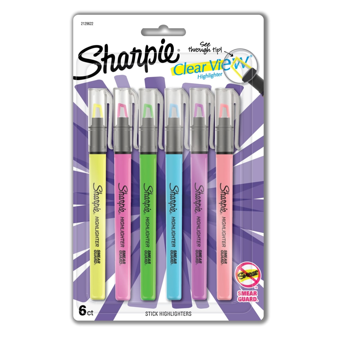 Sharpie® Highlighter, Clear View Highlighter with See-Through Chisel Tip, Stick Highlighter, Assorted, 6 Count