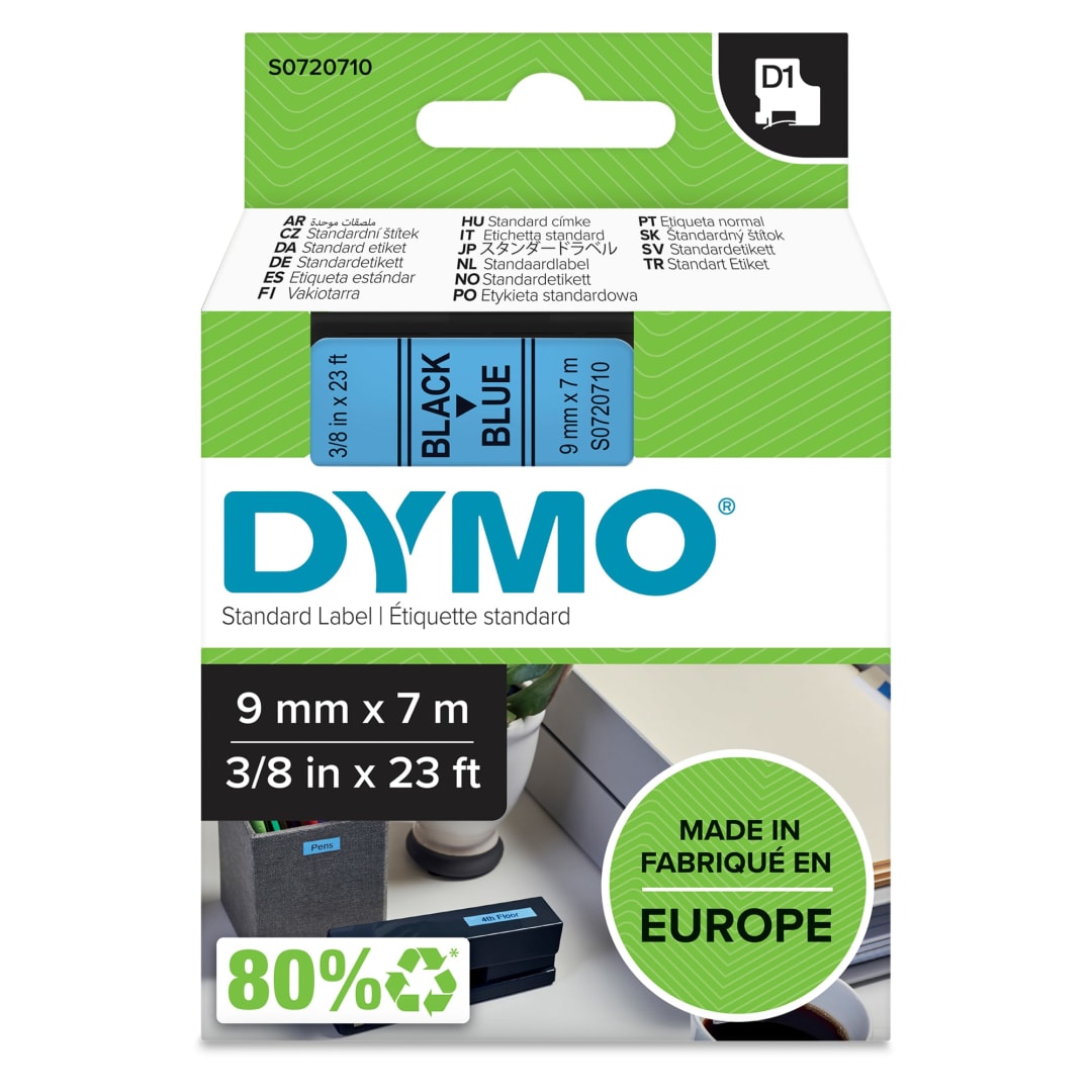 DYMO® Authentic D1 Labels | Black Print on Blue Tape | 9 mm x 7 m | Self-Adhesive Labels for LabelManager Label Makers | Made in Europe