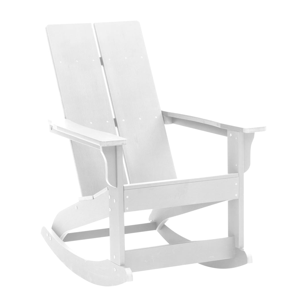 Finn Modern Commercial Grade All-Weather 2-Slat Poly Resin Wood Rocking Adirondack Chair with Rust Resistant Stainless Steel Hardware in White