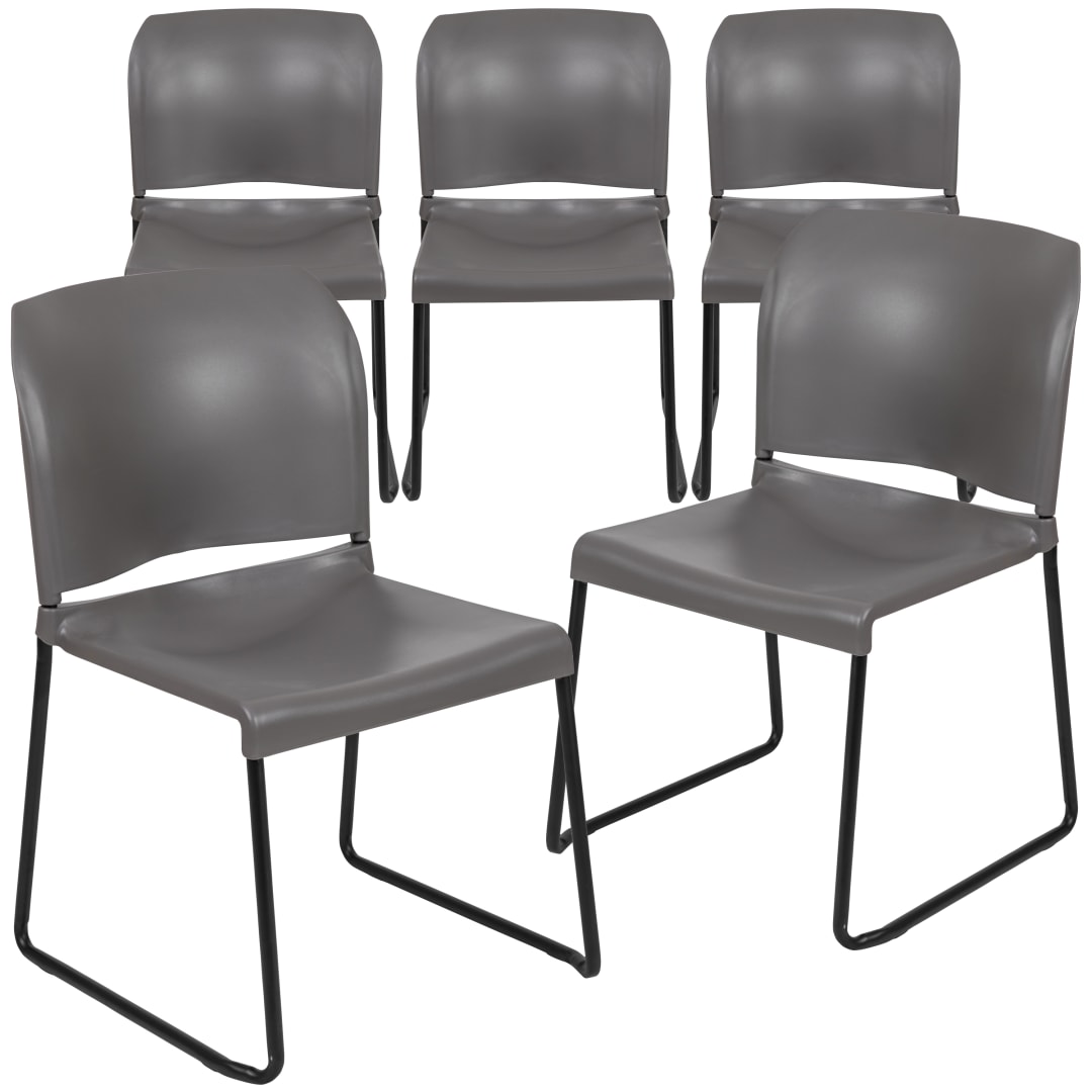 HERCULES Series 5 Pack 880 lb. Capacity Gray Full Back Contoured Stack Chair with Black Powder Coated Sled Base