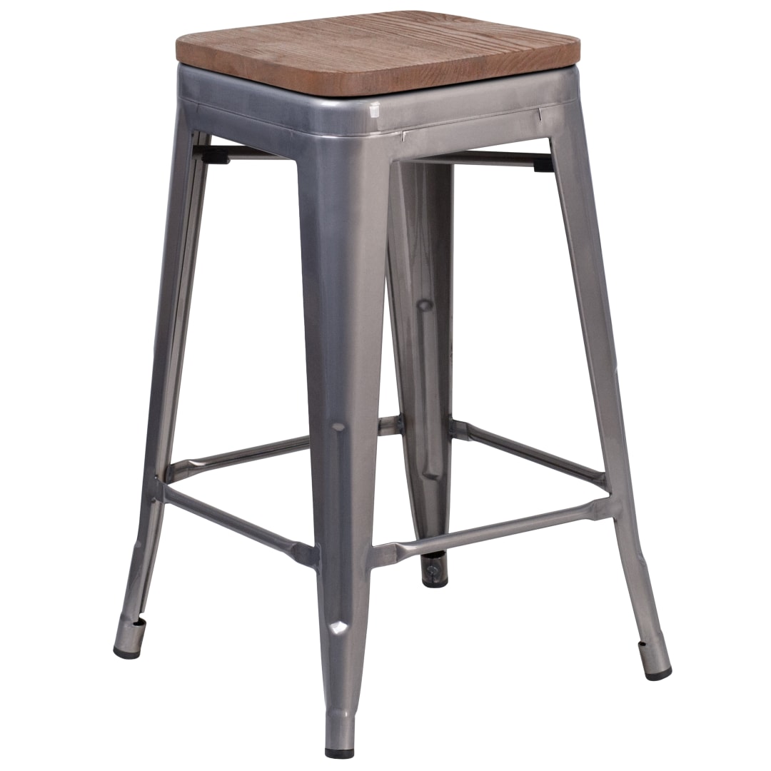 Lincoln 24" High Backless Silver Antique Finish with Clear Coat Metal Counter Height Stool with Square Wood Seat