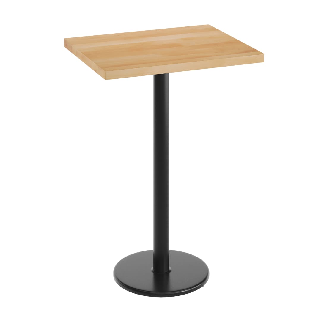 Bennett 24" x 30" Solid Wood Commercial Indoor Tabletop in Natural with 18" Round Bar Height Rust-Resistant Black Cast Iron Base