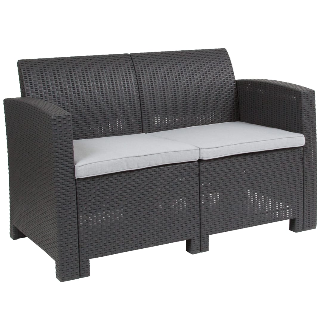Seneca Dark Gray Faux Rattan Loveseat with All-Weather Seneca Light Gray Cushions