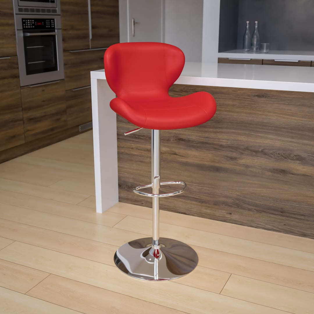 Francis Contemporary Red Vinyl Adjustable Height Barstool with Curved Back and Chrome Base