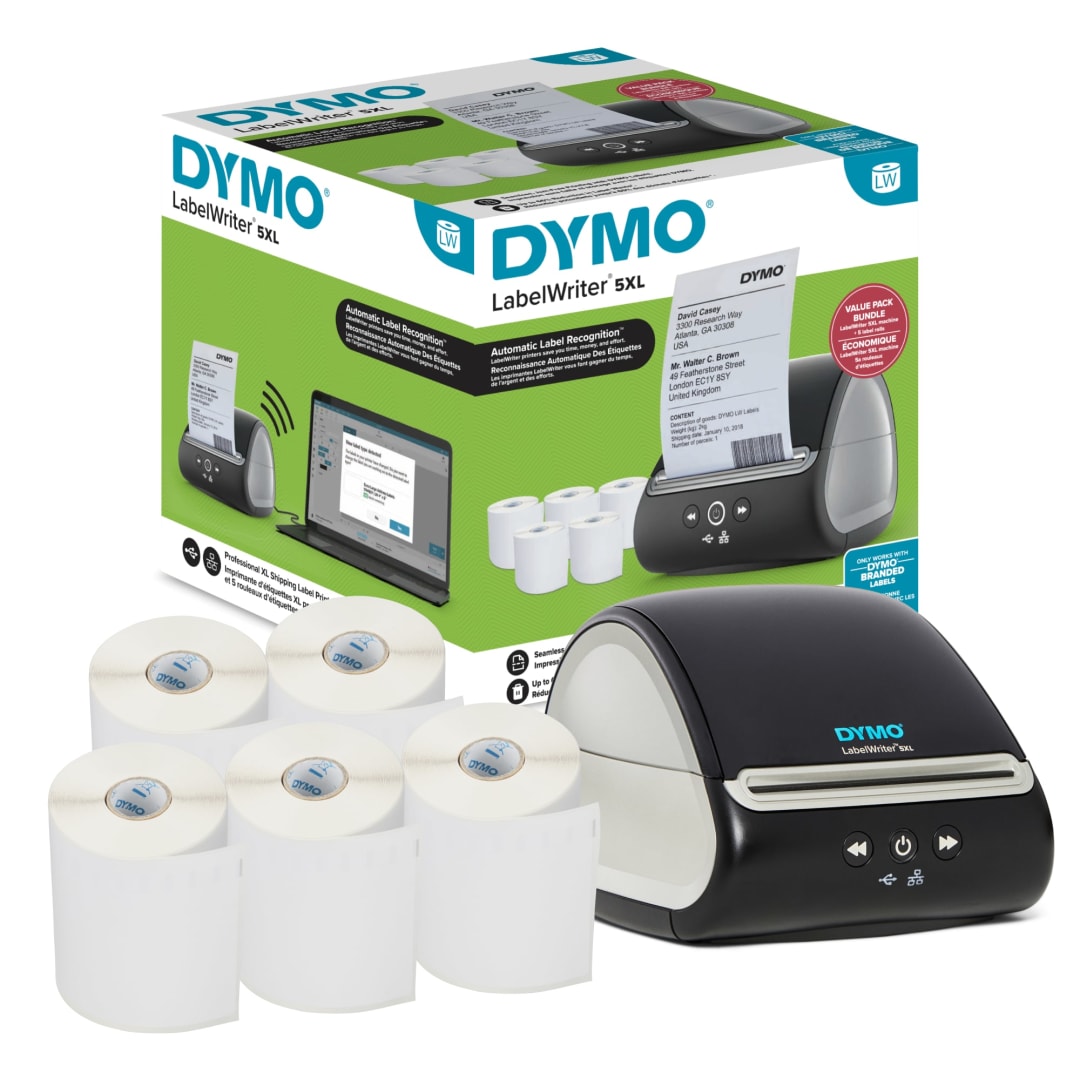 DYMO® LabelWriter™ 5XL Label Printer Bundle, Prints Extra-Wide Shipping Labels (UPS, USPS) from Amazon, eBay, and More, Perfect for eCommerce Sellers, Includes 5 Extra-Large Shipping Labels (1100 Total)