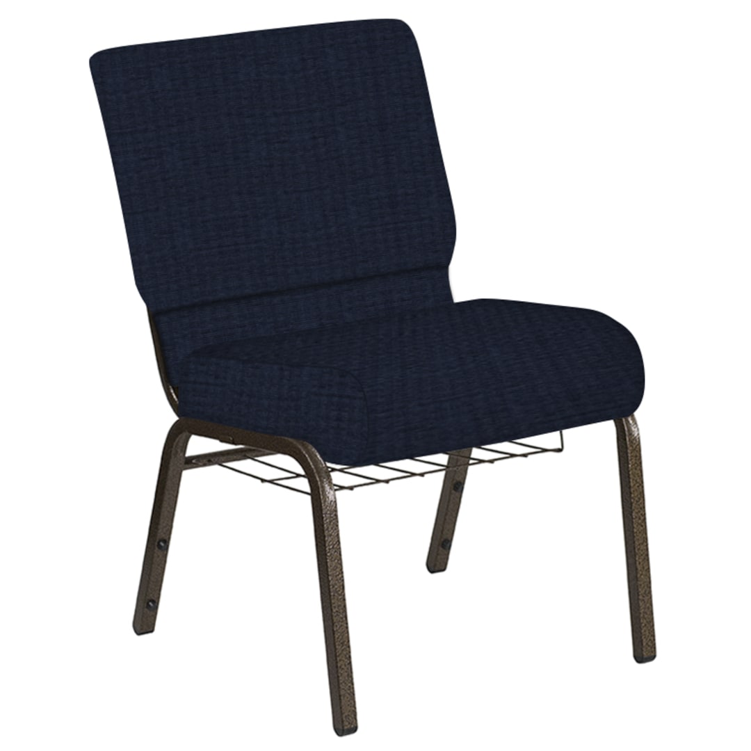 Embroidered 21''W Church Chair in Highlands Navy Fabric with Book Rack - Gold Vein Frame