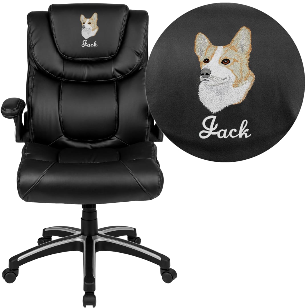 Hansel Embroidered High Back Black LeatherSoft Executive Swivel Office Chair with Double Layered Headrest and Open Arms