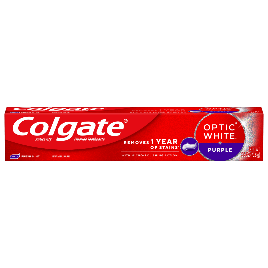 Colgate Optic White Purple Teeth Whitening Toothpaste, Travel Size Toothpaste with Fluoride, Fresh Mint Flavor, 2.5 OZ
