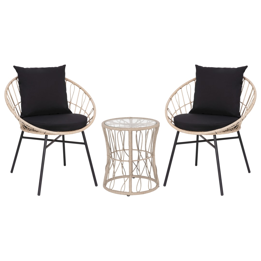 Devon 3-Piece Tan Indoor/Outdoor Bistro Set, Papasan Style Rattan Rope Chairs, Glass Top Side Table & Black Cushions