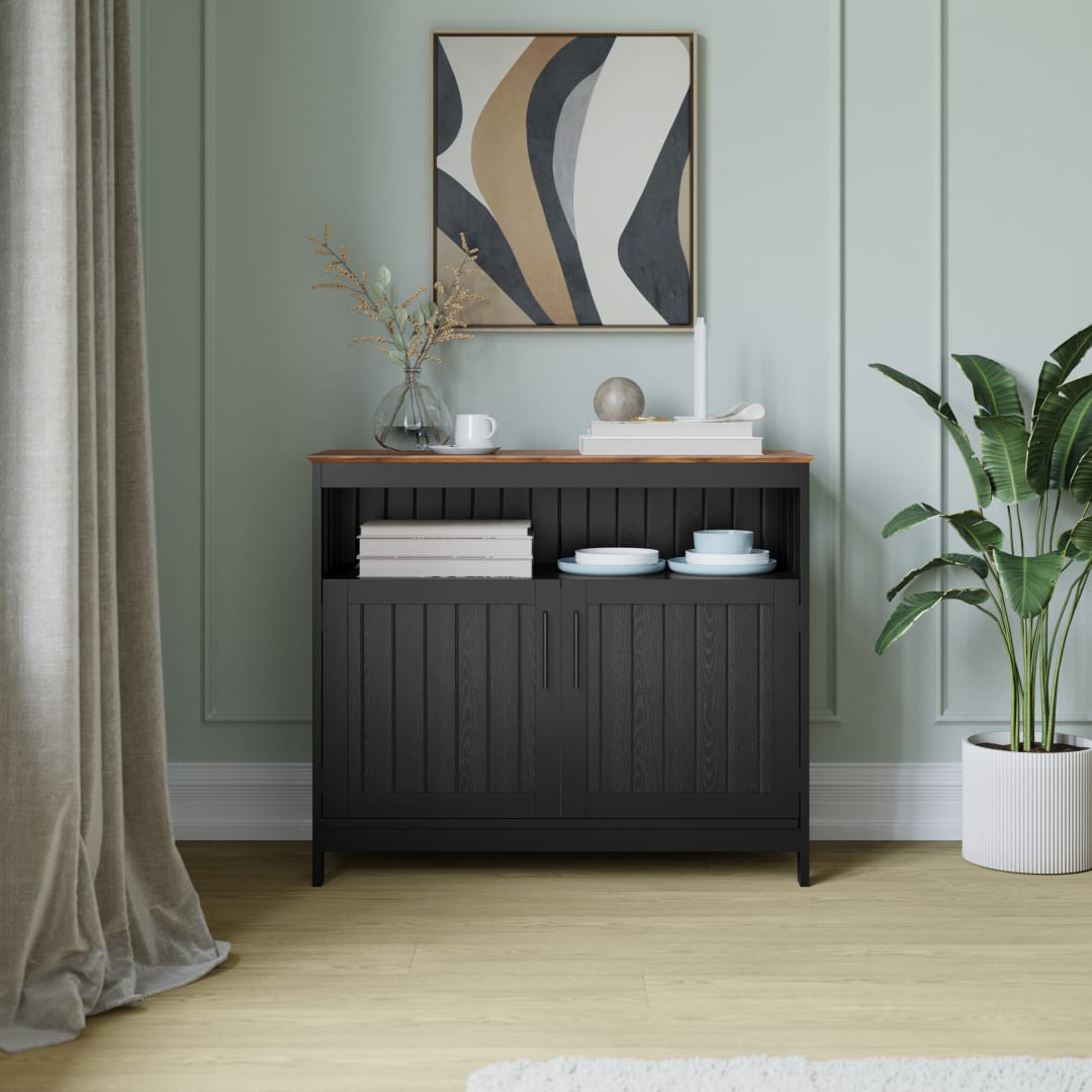Mayfield 40" Classic Buffet and Sideboard with Double Door Storage Cabinet and Open Storage Shelf in Black with Walnut Finish Top