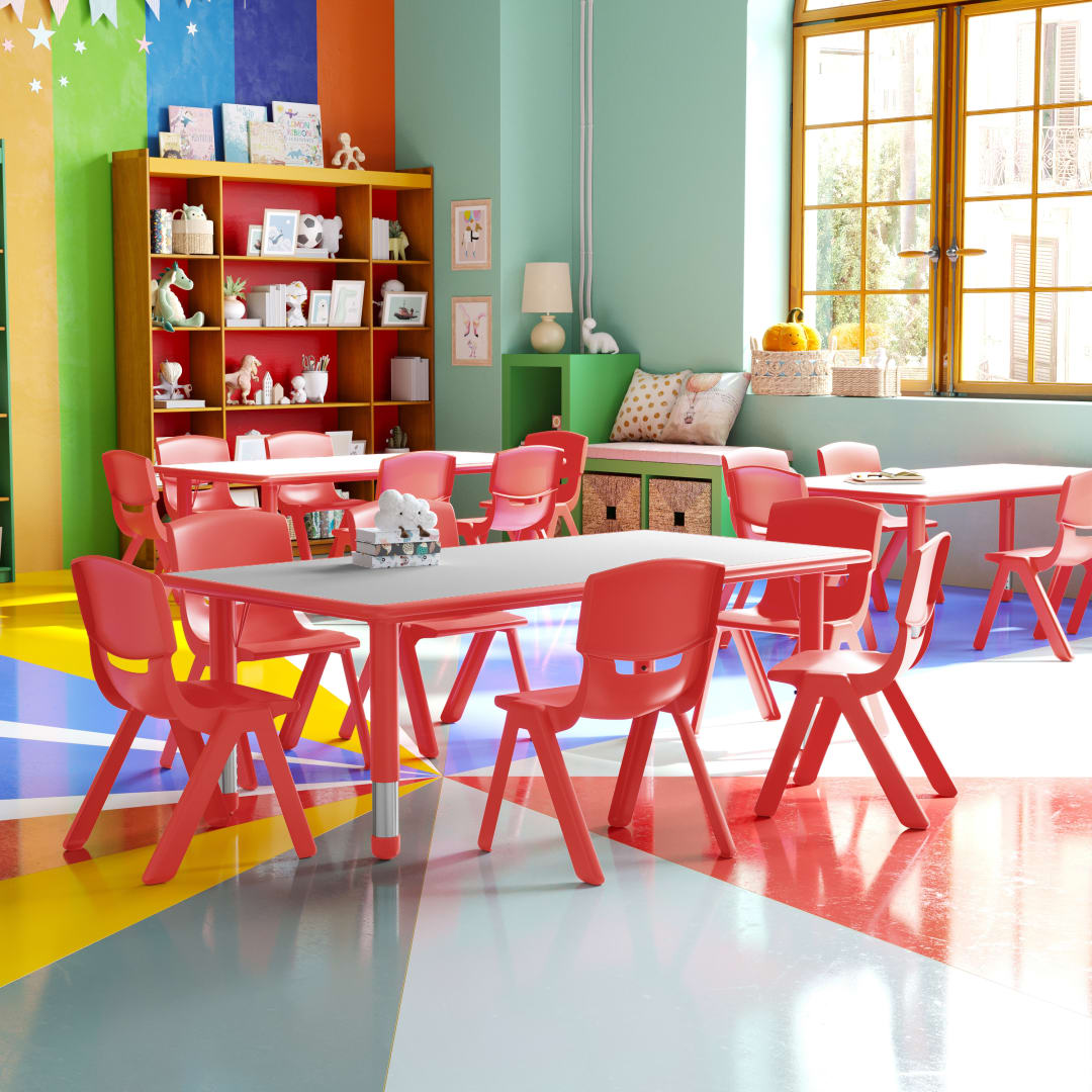 Emmy Adjustable Kids Activity Table Set – 23.6" x 47.25" Red/Gray Plastic Table with 6 Red Chairs – Classroom &amp; Daycare Table for Toddlers &amp; Kids
