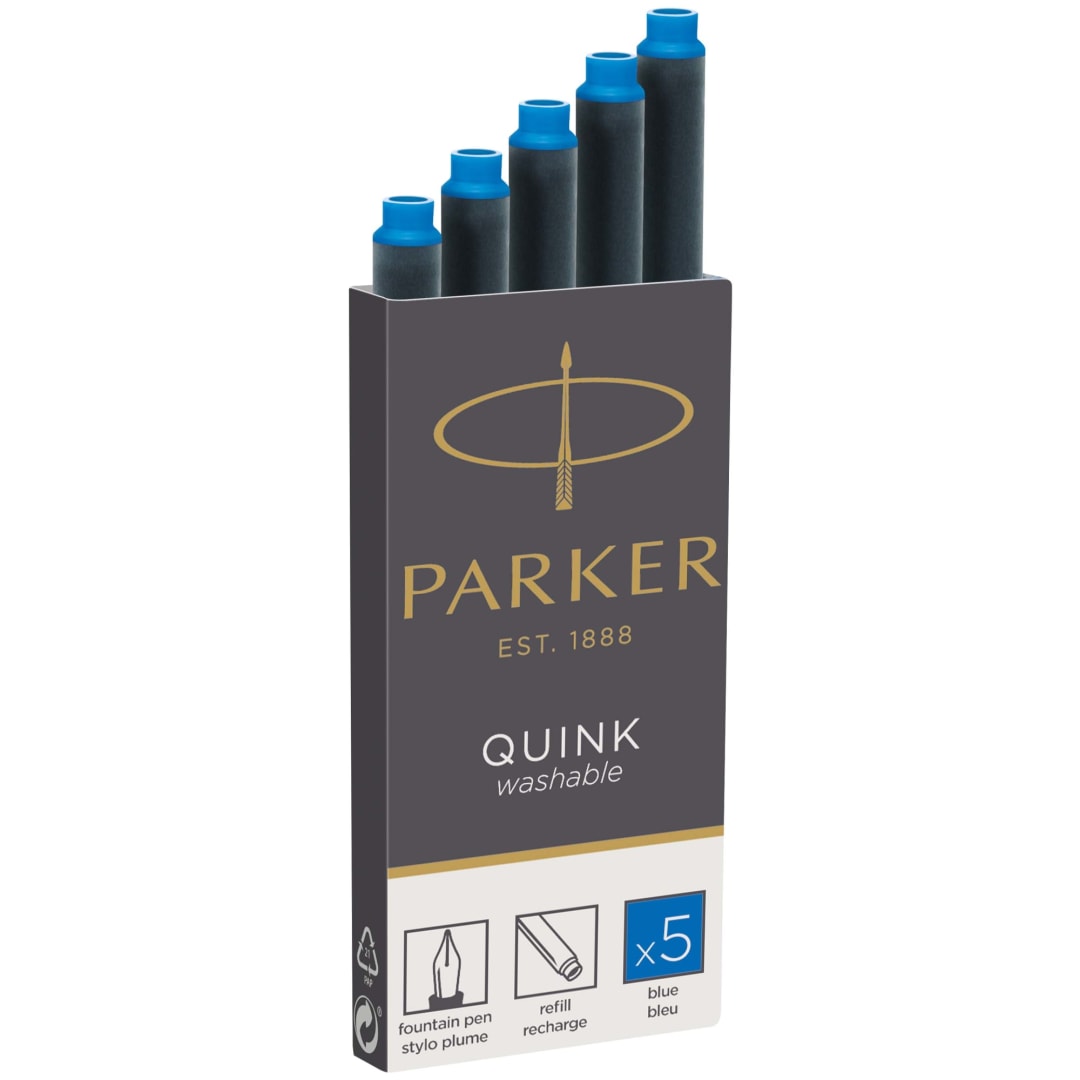 Parker Fountain Pen Ink Refill Cartridges | Long | Washable Blue QUINK Ink | 5 Count