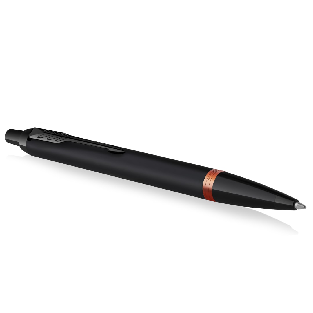 Bolígrafo roller Vibrant Rings de Parker IM | laca negra satinada con detalles en naranja fuego | punta media con recambio de tinta azul | estuche de regalo