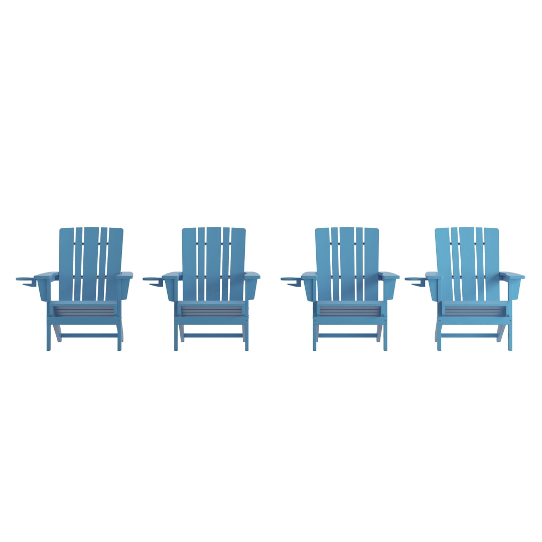 Halifax Adirondack Chair with Cup Holder, Weather Resistant HDPE Adirondack Chair in Blue, Set of 4
