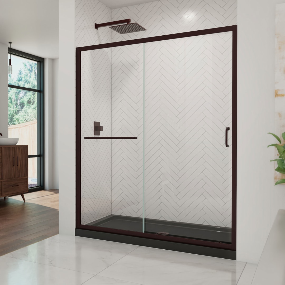 DreamLine Infinity-Z 34 inch D x 60 inch W x 74 3/4 inch H Semi-Frameless Sliding Clear Shower Door in Oil Rubbed Bronze with Center Drain Black Shower Base Kit
