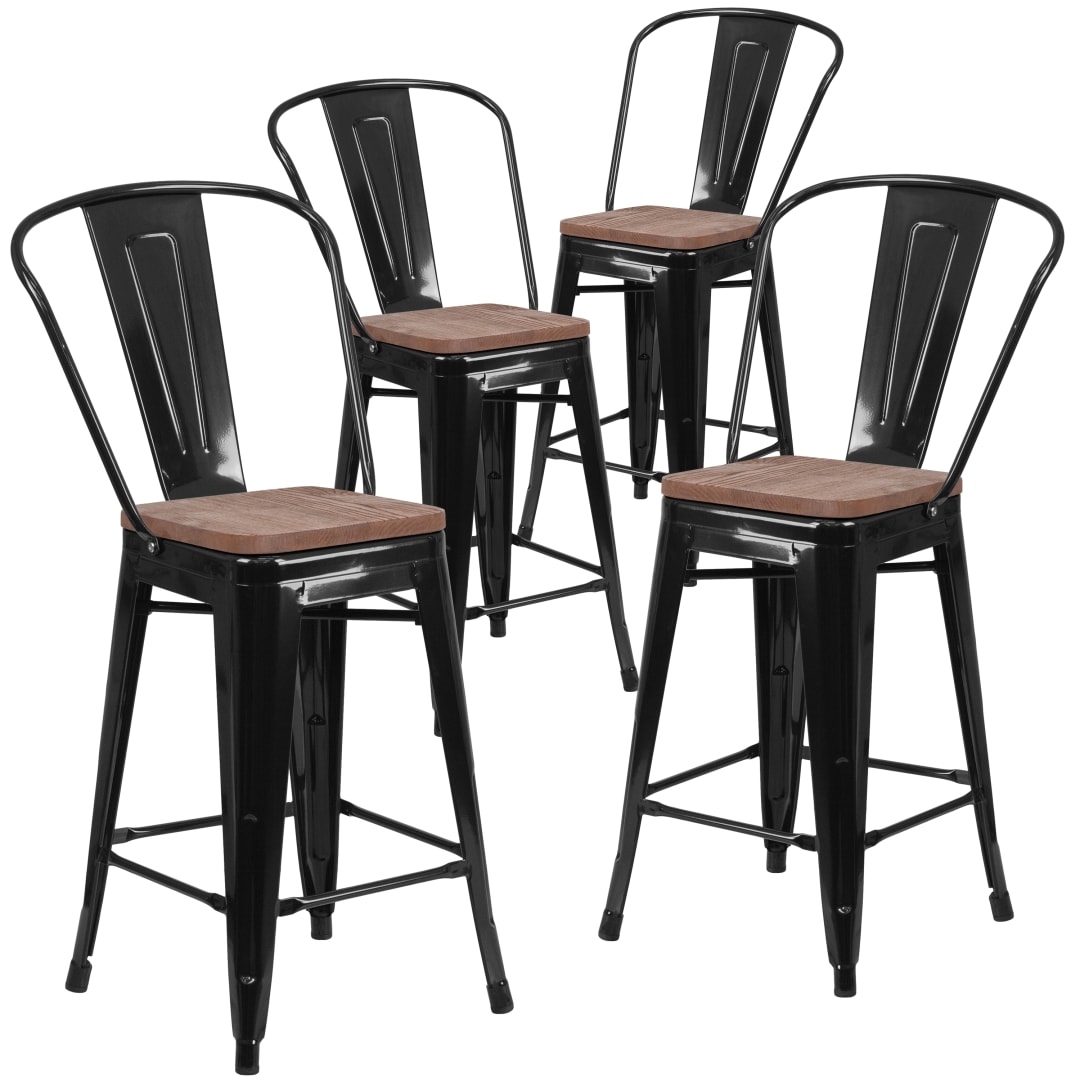 Lily 4 Pack 24" High Black Metal Counter Height Stool with Back and Wood Seat