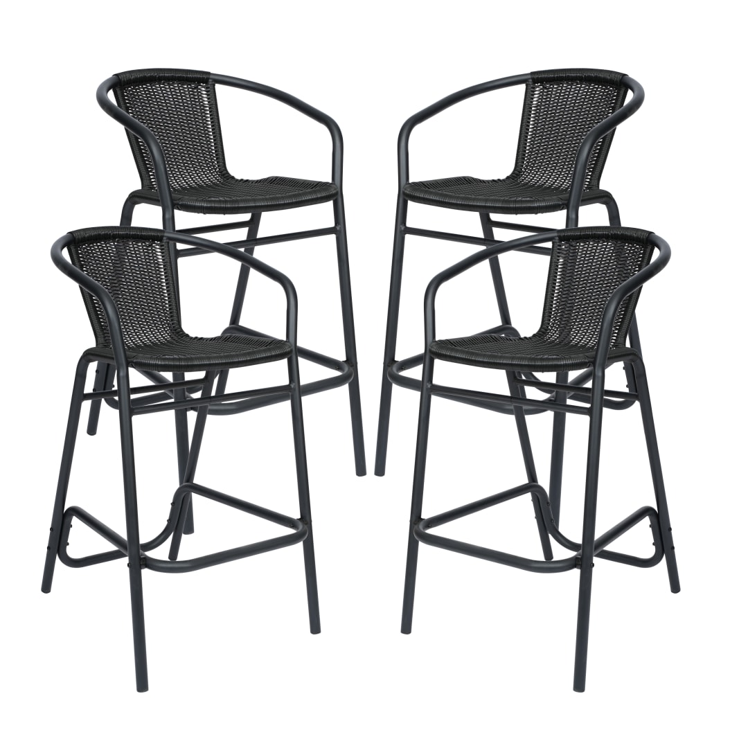 4 Pack Lila Set of 4 Commercial Grade Black Rattan Indoor-Outdoor Restaurant Barstool