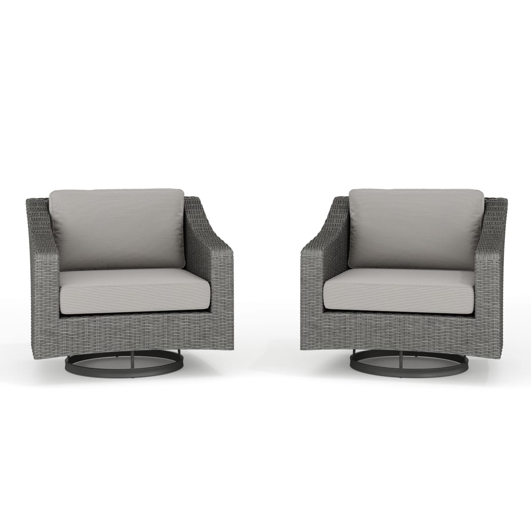 Bedford Set of 2 Indoor-Outdoor Patio Chairs in Gray Rattan Wicker with 360° Swivel and Gray All-Weather Cushions