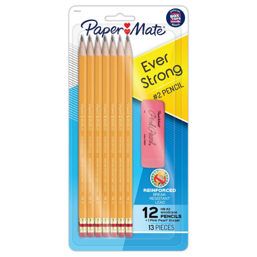 Paper Mate® EverStrong #2 Pencils, Reinforced, Break-Resistant Lead When Writing, Includes Pink Pearl Eraser, 12 Pack Plus Eraser