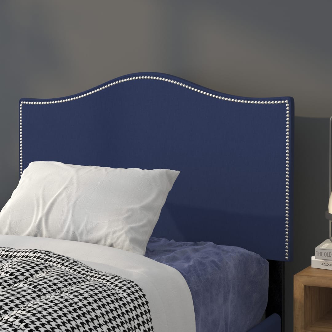 Lexington Upholstered Twin Size Headboard with Accent Nail Trim in Navy Fabric