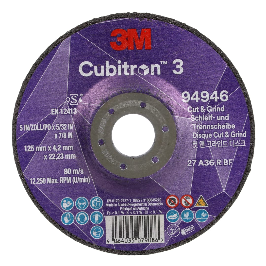 3M™ Cubitron™ 3 Kesme ve Taşlama Taşı, 94946, 36+, T27, 125 mm x 4,2 mm x 22,23 mm, EN, 10/Paket, 20 adet/Kutu