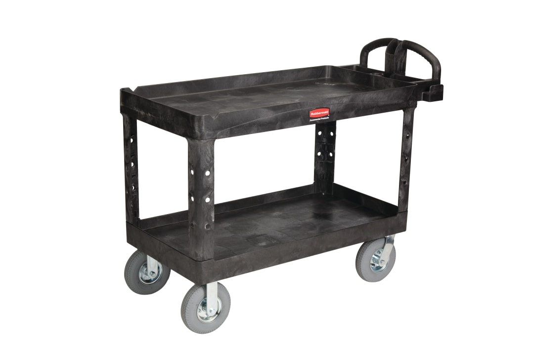 BRUTE Heavy Duty Ergo Handle Utility Cart with Pneumatic Casters, Lipped Shelf, Large, Black
