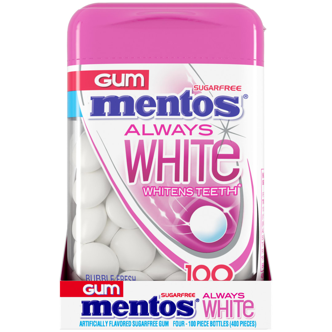 Mentos Gum Always White Sugar Free Chewing Gum Bubble Fresh 100 pc Large Bottles - 4 Pack