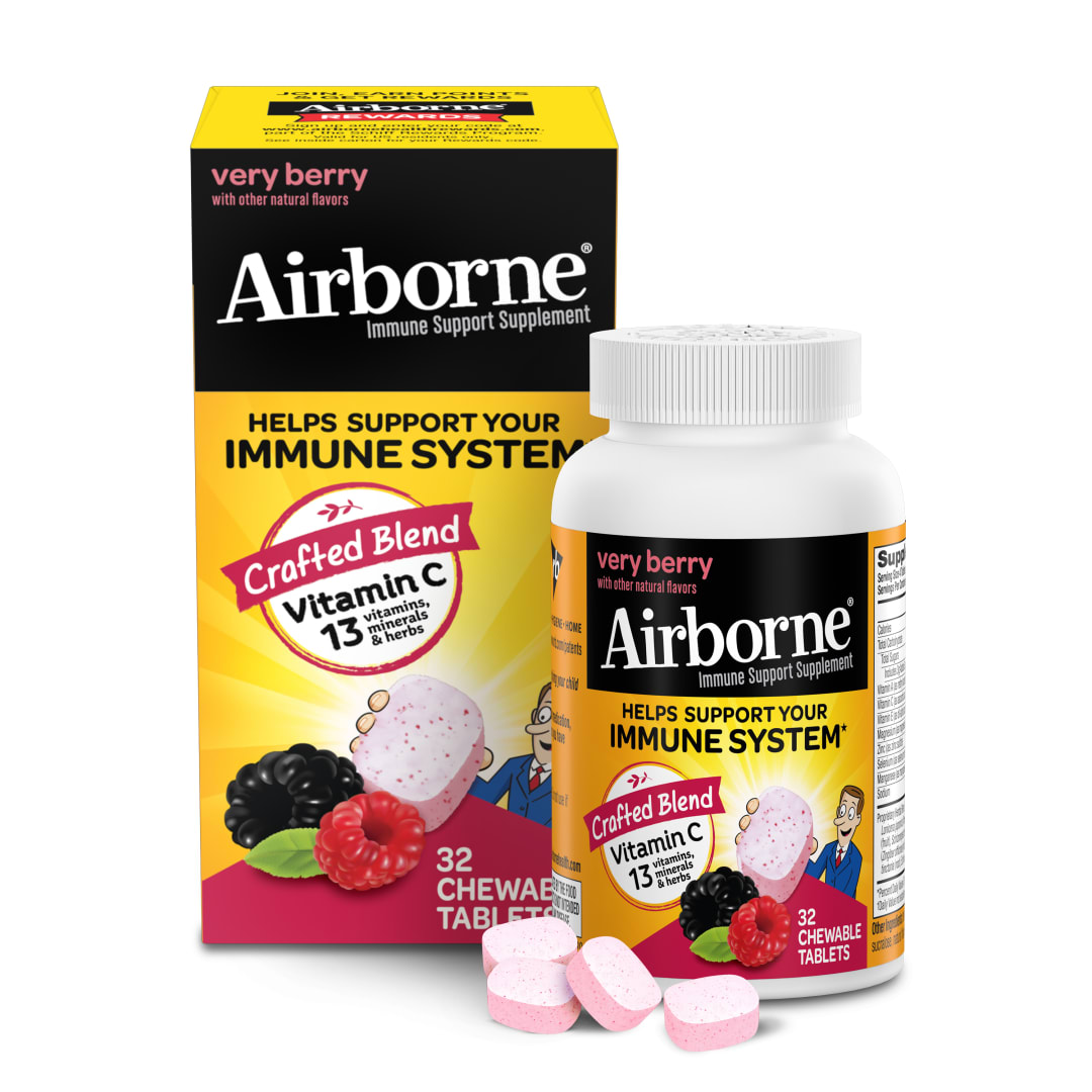 Airborne Very Berry Kautabletten, 32 Stück – 1000mg Vitamin C – Nahrungsergänzung zur Unterstützung des Immunsystems (Verpackung kann variieren)