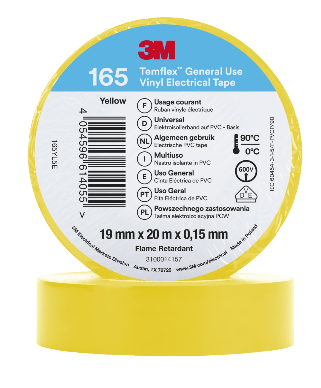 3M™ Temflex™ Vinyl Electrical Tape 165, Yellow, 19 mm x 20 m, 100 Rolls/Case