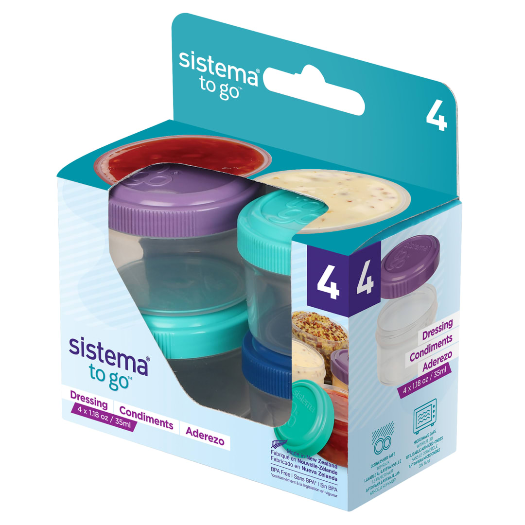 Sistema Dressing Pots TO GO, Food Container Sauce Pots with Lids, 35ml., BPA-Free, Blue, Green, Pink & Purple Lids, 4 Count [21470-53C]
