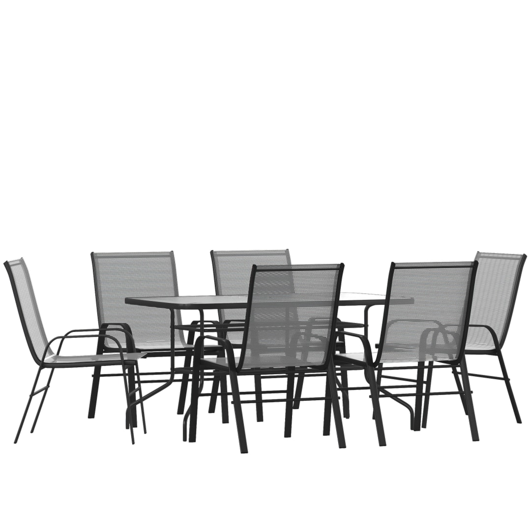 Brazos 7 Piece Outdoor Patio Dining Set - 55" Tempered Glass Patio Table with Umbrella Hole, 6 Gray Flex Comfort Stack Chairs