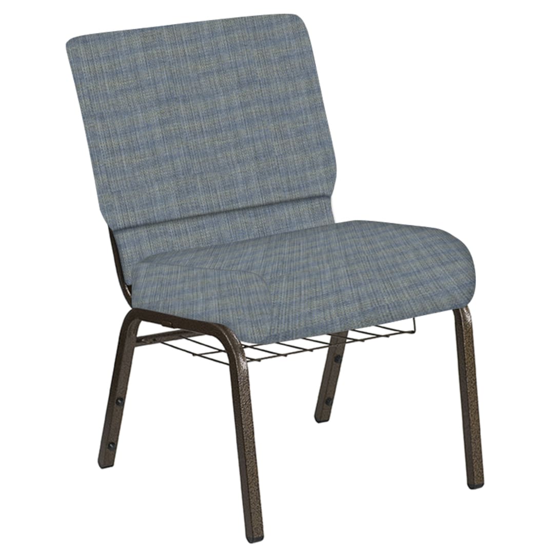 Embroidered 21''W Church Chair in Sammie Joe Ocean Fabric with Book Rack - Gold Vein Frame