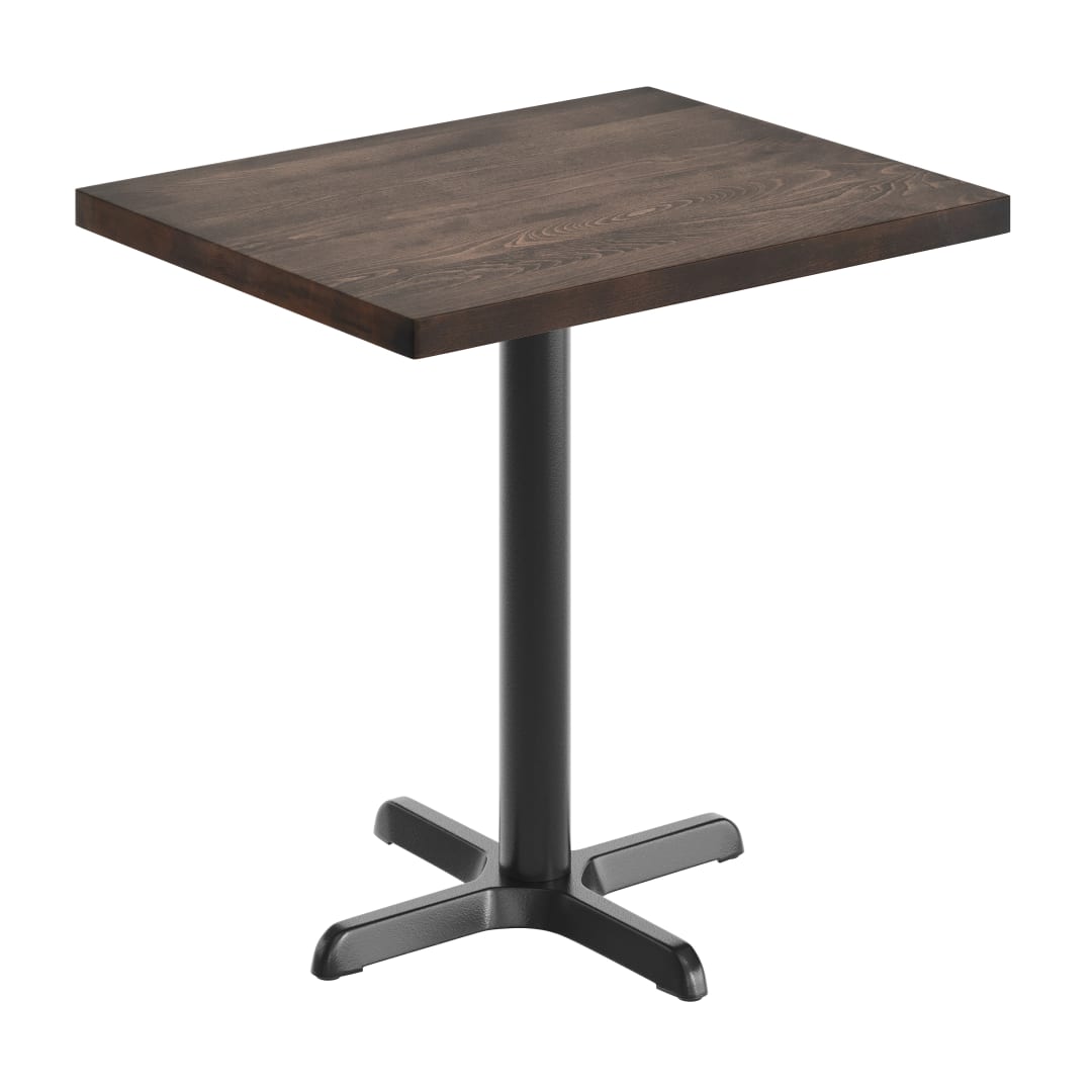 Bennett 24" x 30" Solid Wood Commercial Indoor Tabletop in Dark Brown with 22" x 22" Dining Height Rust-Resistant Black Cast Iron X-Base